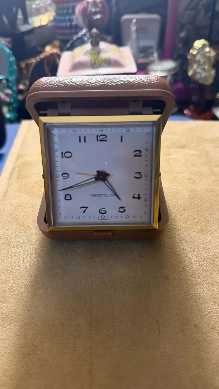 Vintage Westclox Square Folding Wind-Up Travel Alarm Clock in Brown Case